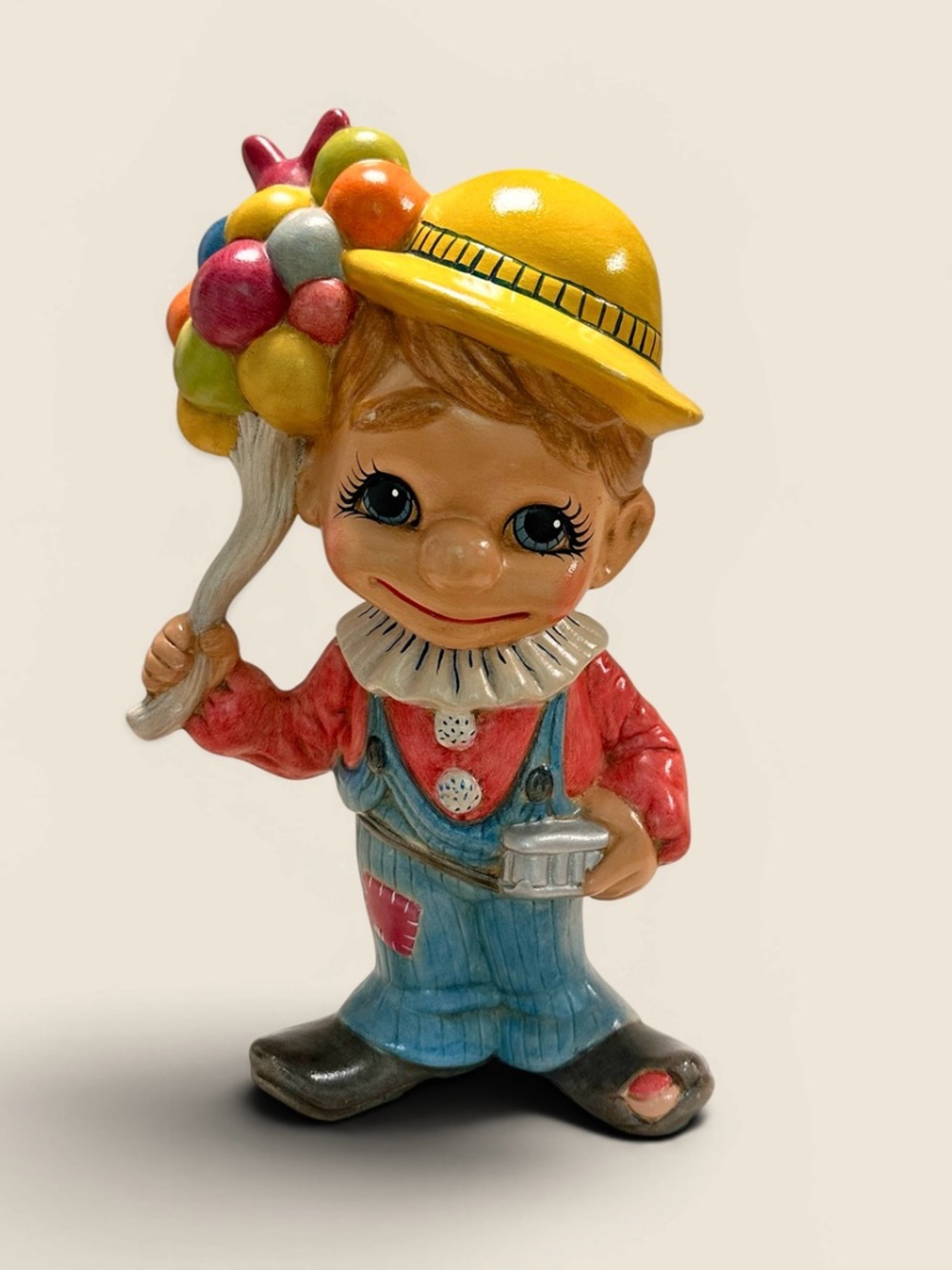 Vintage Ceramic Clown Figurine Balloon Vendor Big Eyes Colorful 11”